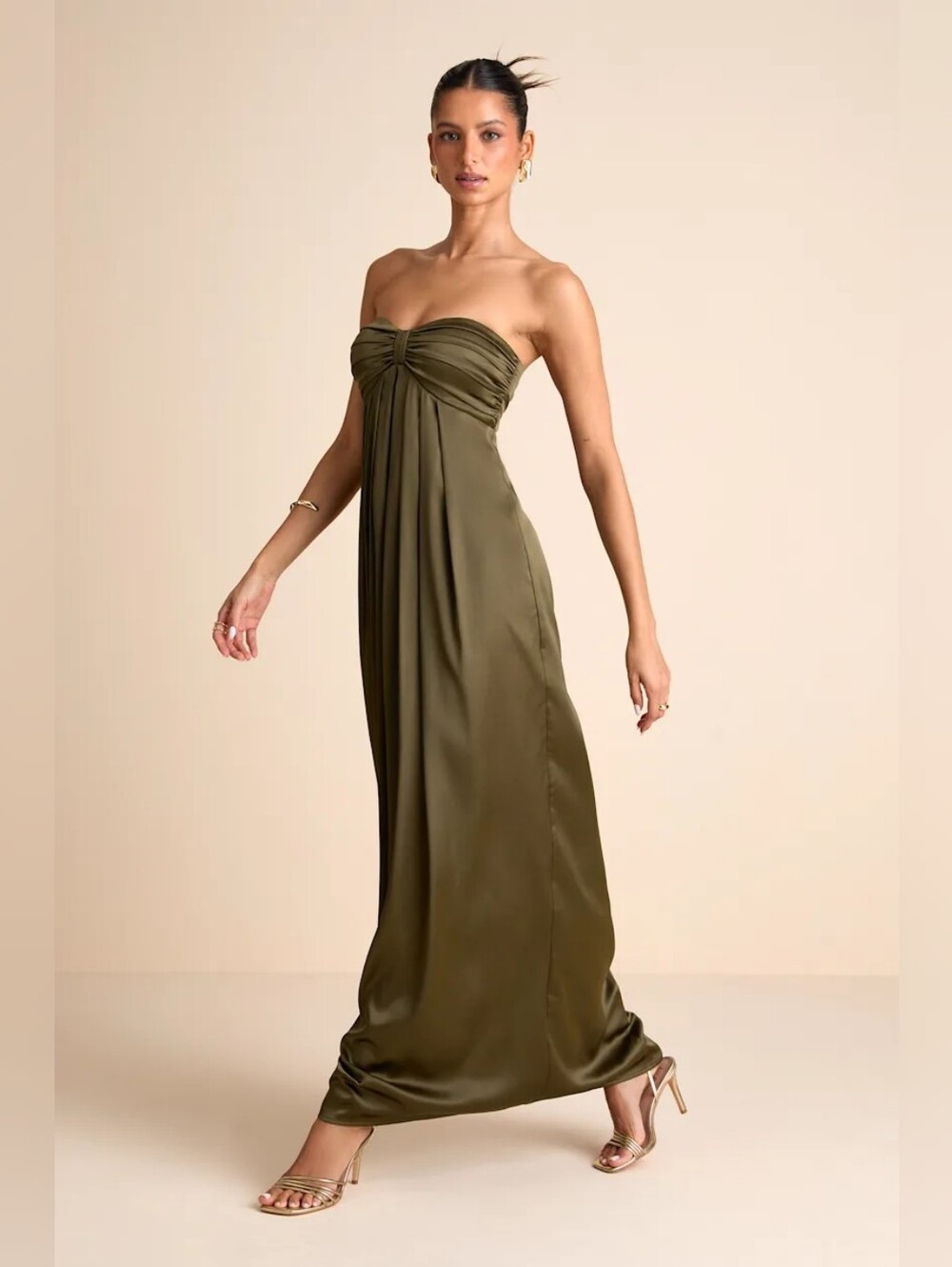Lulus Memorable Entrance Olive Green Strapless Satin Maxi Dress XL Wedding Party - Picture 3 of 9